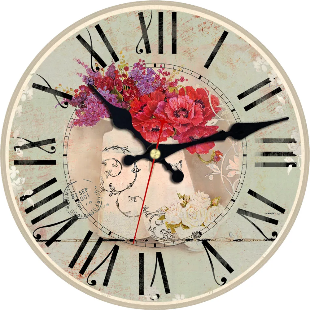 Часы для домашнего офиса Кафе Ретро Бесшумная Винтажная Ваза для цветов Деревянные настенные часы Декор для кухни Милые Круглые Классные настенные часы 3