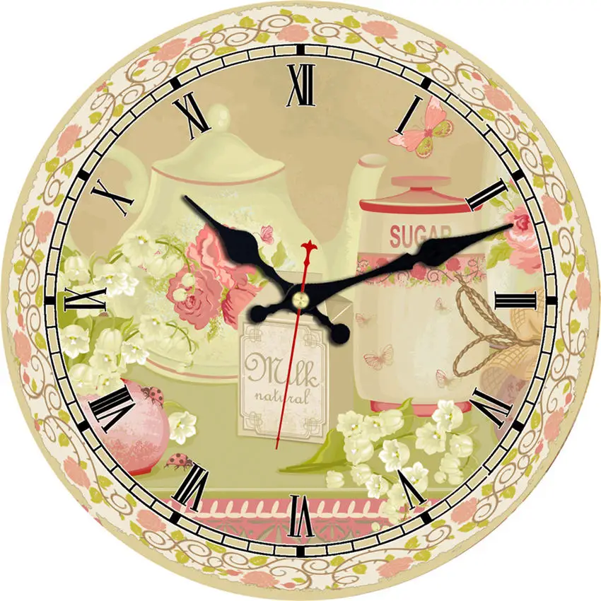 Часы для домашнего офиса Кафе Ретро Бесшумная Винтажная Ваза для цветов Деревянные настенные часы Декор для кухни Милые Круглые Классные настенные часы 4