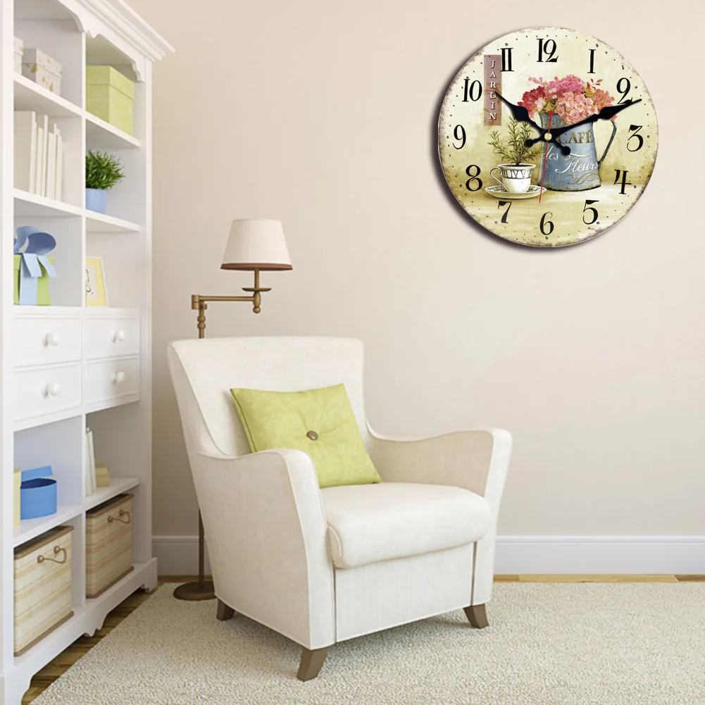 Часы для домашнего офиса Кафе Ретро Бесшумная Винтажная Ваза для цветов Деревянные настенные часы Декор для кухни Милые Круглые Классные настенные часы 5