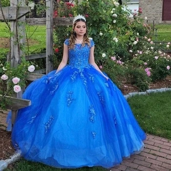 ANGELSBRIDEP Синие пышные платья с 3D цветочной аппликацией и бисером, корсет без спинки, сладкие платья для вечеринки в честь Дня рождения принцессы 15-16 лет