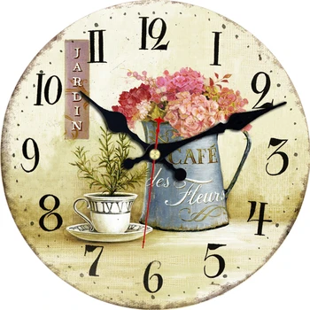 Часы для домашнего офиса Кафе Ретро Бесшумная Винтажная Ваза для цветов Деревянные настенные часы Декор для кухни Милые Круглые Классные настенные часы
