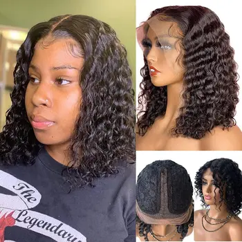 Кудрявые парики Боб, кружевные парики из человеческих волос, глубокая волна, 13x4x1, кружевной парик средней части для чернокожих женщин, предварительно выщипанный из волос младенца