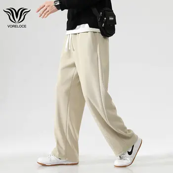 Весенне-летние мужские повседневные брюки с эластичной резинкой на талии, штаны для бега, свободные широкие брюки с прямыми штанинами, Черные, серые, Абрикосовые, 3XL 4XL
