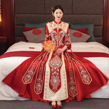 Традиционное женское свадебное платье из красного атласа, расшитое бисером, в китайском стиле Ретро, с вышивкой Феникса, Чонсам