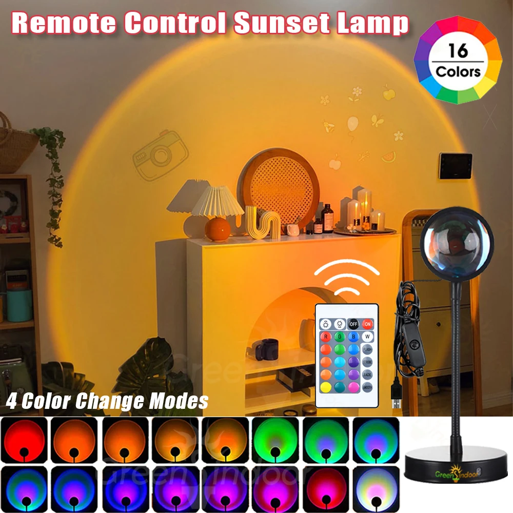 Проекционный светильник Sunset с дистанционным управлением RGB 16 цветов, радужный светильник Sunset Light для внутреннего оформления комнаты, светодиодный ночник для стены спальни 0