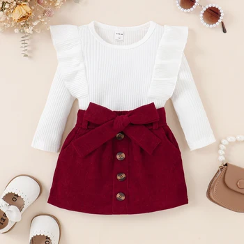 Citgeett, Осенний комплект одежды для новорожденных девочек, пуловер в рубчик с длинными рукавами и оборками + Юбка-трапеция, костюм с поясом