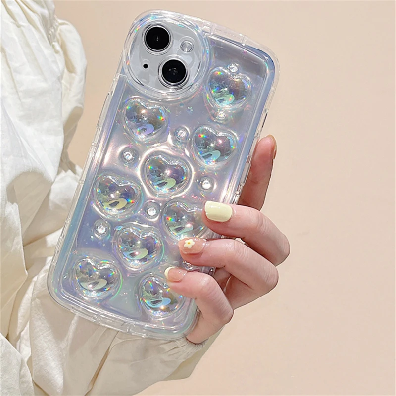 Роскошный Блестящий Лазерный 3D Чехол Love Heart Прозрачный Чехол Для Телефона iPhone 14 13 12 Pro Max 14 Plus 11 Блестящий Эпоксидный Силиконовый Мягкий Чехол 0