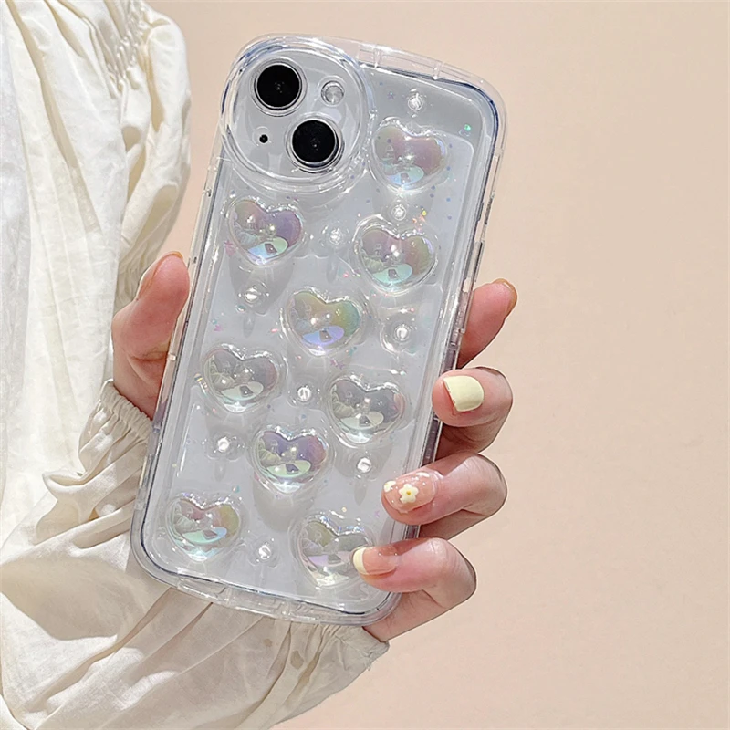 Роскошный Блестящий Лазерный 3D Чехол Love Heart Прозрачный Чехол Для Телефона iPhone 14 13 12 Pro Max 14 Plus 11 Блестящий Эпоксидный Силиконовый Мягкий Чехол 1