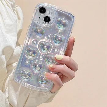 Роскошный Блестящий Лазерный 3D Чехол Love Heart Прозрачный Чехол Для Телефона iPhone 14 13 12 Pro Max 14 Plus 11 Блестящий Эпоксидный Силиконовый Мягкий Чехол