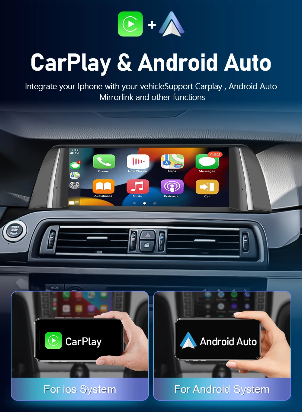Podofo 4G CarPlay Android Радио Для BMW 5 Серии F10 F11 2011-2016 Автомобильный Мультимедийный Плеер 2din GPS Стерео Приемник Головное Устройство WiFi 3