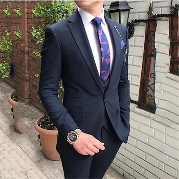 Мужские темно-синие костюмы Slim Fit 2023, однобортная официальная деловая одежда на одной пуговице (куртка + жилет + брюки)