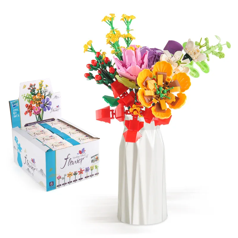 Модель случайных цветов, Таинственная коробка для подарка детям или взрослым, дешевые строительные блоки, цветочные фигурки, игрушки, набор для сборки 2023 1
