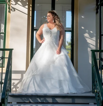 Элегантные свадебные платья больших размеров с V-образным вырезом, без рукавов, с кружевной аппликацией, оборками, свадебное платье из органзы 2023 Vestido de Novia