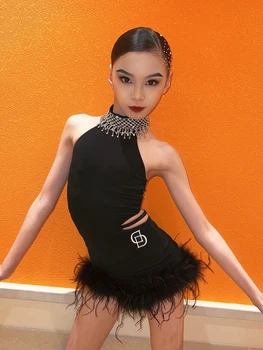 Черное перо латинских танцев одежда для девочек Латинской конкуренция платье Пром-ча-ча производительность костюм Кристалл платье этап BL10357