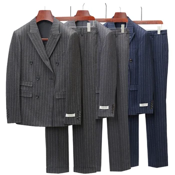 Двубортные костюмы для мужчин, серый, темно-синий, в полоску, мужской костюм джентльмена, двойка, мужской уход, последние модели пальто и брюк Q1137
