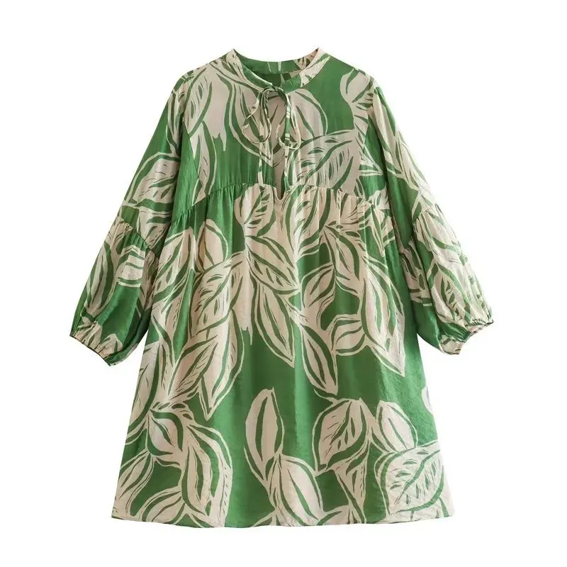 2023 Новое летнее женское мини-платье с круглым вырезом и рукавом-фонариком для женщин, свободное повседневное мини-платье длиной до колен с принтом зеленых листьев 0