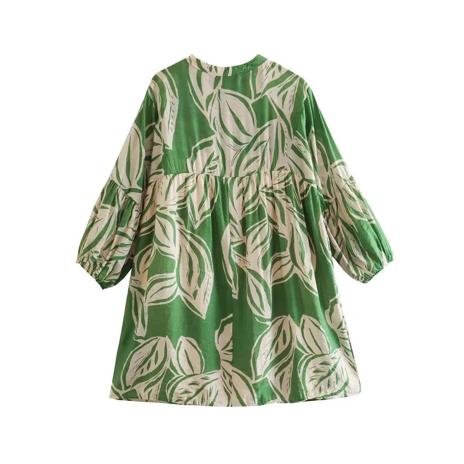 2023 Новое летнее женское мини-платье с круглым вырезом и рукавом-фонариком для женщин, свободное повседневное мини-платье длиной до колен с принтом зеленых листьев 1