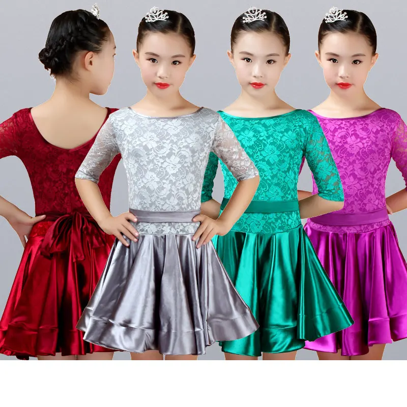 Детское платье для латиноамериканских танцев для девочек, костюмы для бальных танцев со средним рукавом, кружевное платье для латиноамериканских танцев для девочек 0