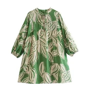 2023 Новое летнее женское мини-платье с круглым вырезом и рукавом-фонариком для женщин, свободное повседневное мини-платье длиной до колен с принтом зеленых листьев