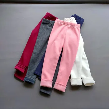 Флисовые леггинсы для девочек, детские тонкие термобрюки, детские однотонные бархатные теплые штаны