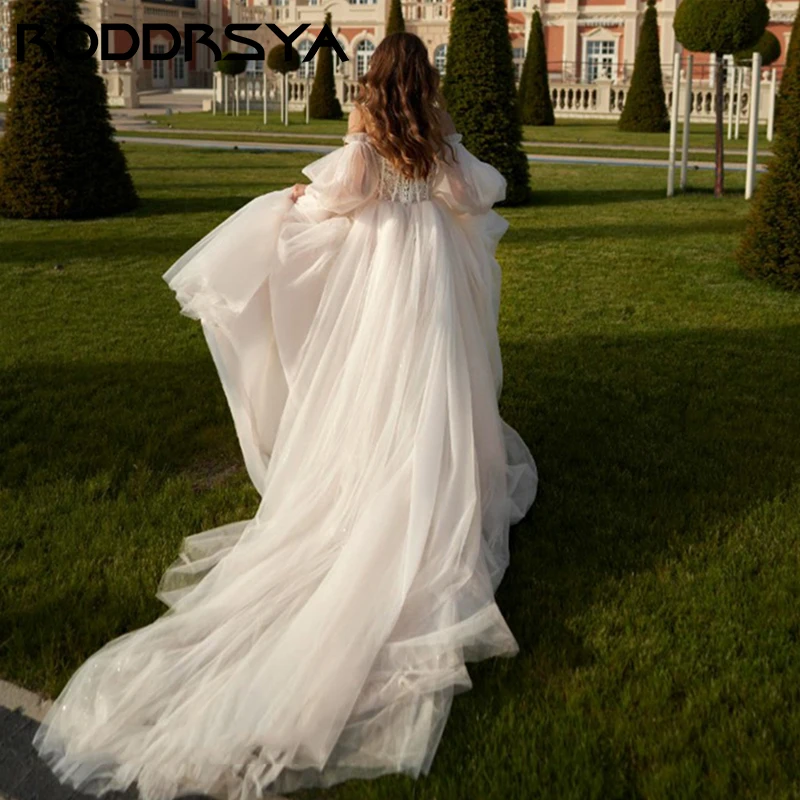 RODDRSYA Элегантное свадебное платье без бретелек с открытыми плечами, сексуальное свадебное платье с пышными рукавами, простое свадебное платье на шнуровке с высоким разрезом, вечеринка для невесты 1