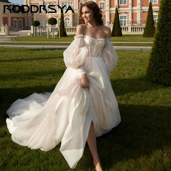 RODDRSYA Элегантное свадебное платье без бретелек с открытыми плечами, сексуальное свадебное платье с пышными рукавами, простое свадебное платье на шнуровке с высоким разрезом, вечеринка для невесты