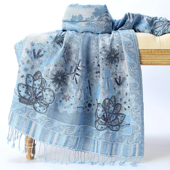 Шарф из 100% мериносовой шерсти в корейском стиле, Женская зимняя Индийская теплая шаль ручной работы с цветочной вышивкой бисером, Небесно-голубой