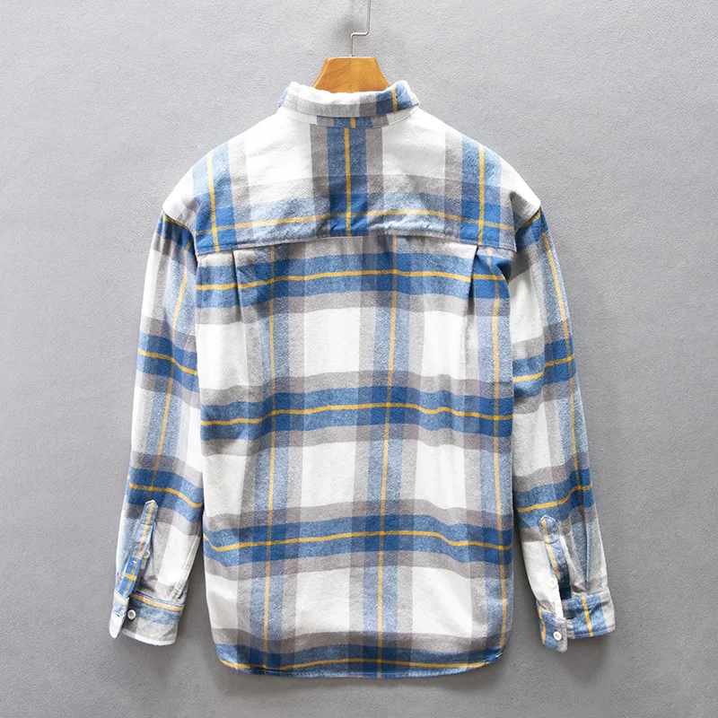 Мужская одежда 2023, повседневная рубашка в японскую клетку с длинными рукавами, Мужская осенняя винтажная цветовая контрастность, молодежная свободная хлопчатобумажная рубашка с отворотом 1