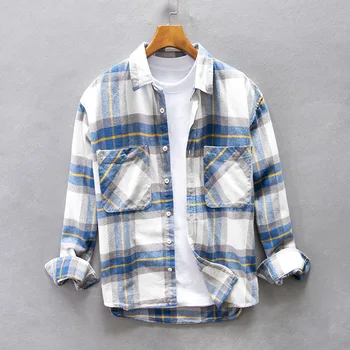 Мужская одежда 2023, повседневная рубашка в японскую клетку с длинными рукавами, Мужская осенняя винтажная цветовая контрастность, молодежная свободная хлопчатобумажная рубашка с отворотом