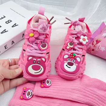 Обувь для девочек Disney Весенняя Обувь На мягкой Подошве Из Сетчатой кожи Lotso Toy Story 3 Розовые Кроссовки с Клубничным Мишкой Размер обуви 24-38