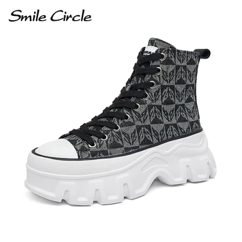 Smile Circle/ Массивные женские ботильоны; парусиновая обувь на платформе с высоким берцем; модная женская обувь с толстой подошвой.