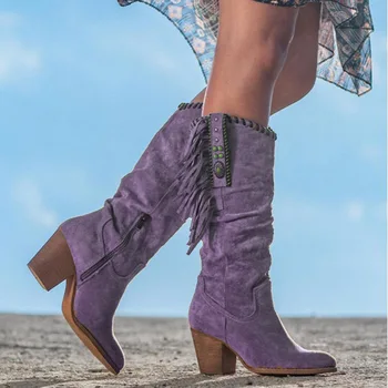 Новые модные женские винтажные ботинки с бахромой, круглый носок, толстый каблук, сапоги до колена в стиле бохо, осенне-зимняя обувь с боковой молнией, женская обувь