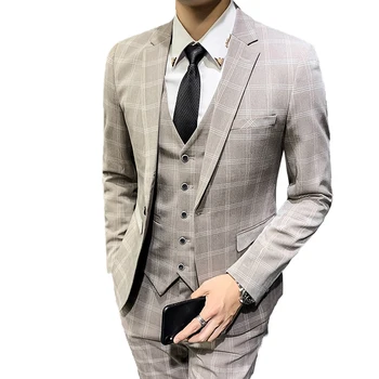 (Куртка + жилет + брюки) Модный Классический клетчатый Мужской деловой офисный костюм, комплект из трех предметов, свадебное платье жениха