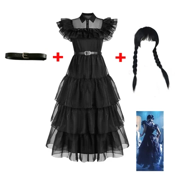 Среда Аддамс Платье косплей для девочек Детские черные готические платья среда костюмы для косплея на Хэллоуин Женская одежда для вечеринки