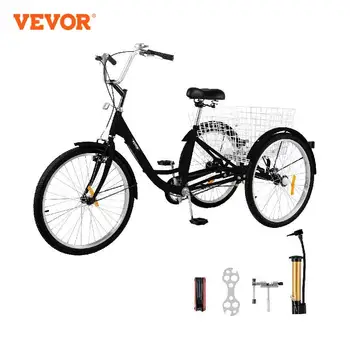 Трехколесный велосипед VEVOR для взрослых 20/24/26 дюймов с 1 / 7 скоростями, Регулируемый по Размеру Мотодельтаплан с Колокольной Тормозной системой, Большая Корзина Для Велосипедов Cruiser
