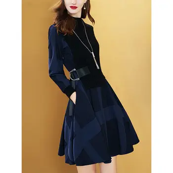 Женское платье французского вязания, весна-осень, Новый стиль, сшитое из поддельных двух частей, платье-свитер, платья трапециевидной формы с полувысоким воротником, K390