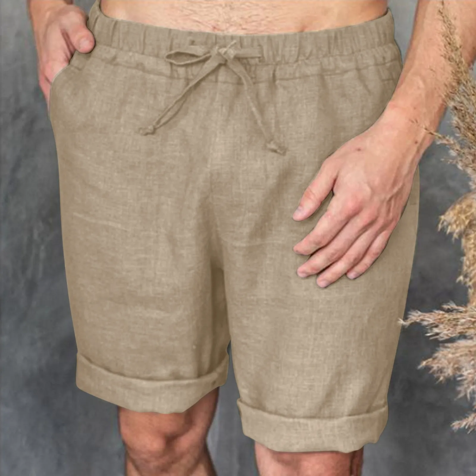 2023, Весенне-летние пляжные шорты, мужские однотонные хлопковые льняные короткие брюки на завязках для мужской одежды, Свободные шорты в стиле ретро 0