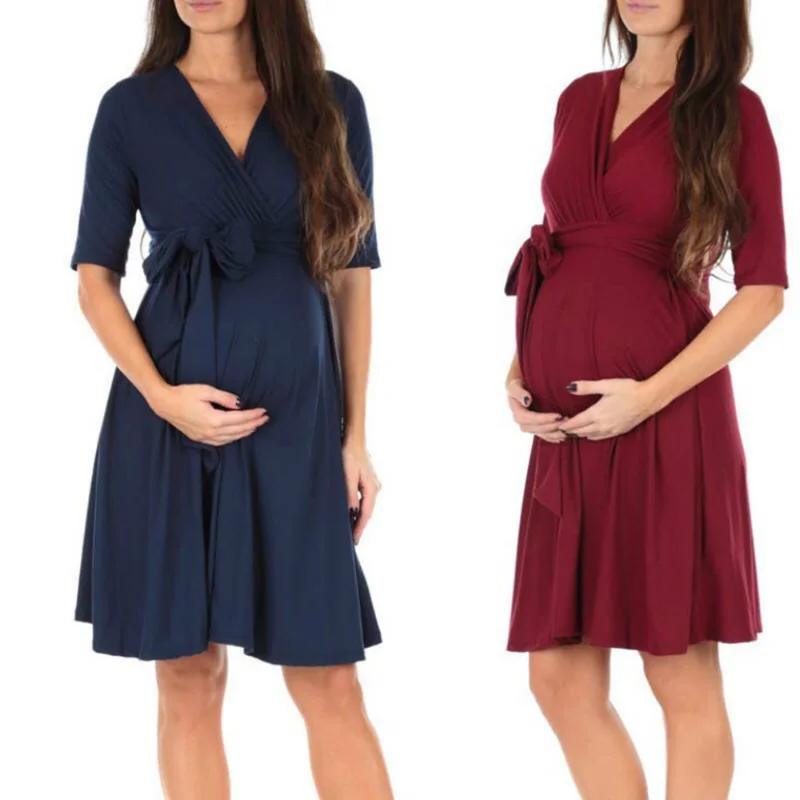 Летнее новое платье для беременных, однотонные повседневные платья для беременных с V-образным вырезом на талии, специально для беременных женщин 4
