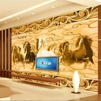 обои beibehang на заказ, 3d-фреска, гостиная с тиснением восьми лошадей, ТВ-фон, обои, ресторанная фреска papel de parede