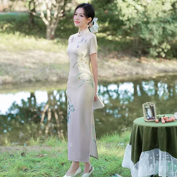 Длинное Улучшенное Платье Cheongsam С Вышивкой Средней длины 2023, Летнее Элегантное Облегающее Вечернее Платье для Банкета в Китайском Стиле для Женщин