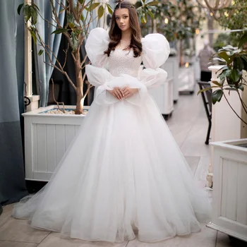 Новинка В свадебном платье с длинными пышными рукавами 2023, свадебное платье с бисером, топ из белой слоновой кости Для невесты, Летняя одежда в стиле бохо, Vestidos De Vovia