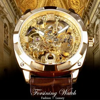 Forsining Мужские механические часы класса Люкс с автоподзаводом Skeleton, наручные часы с коричневым кожаным ремешком, приятный подарок