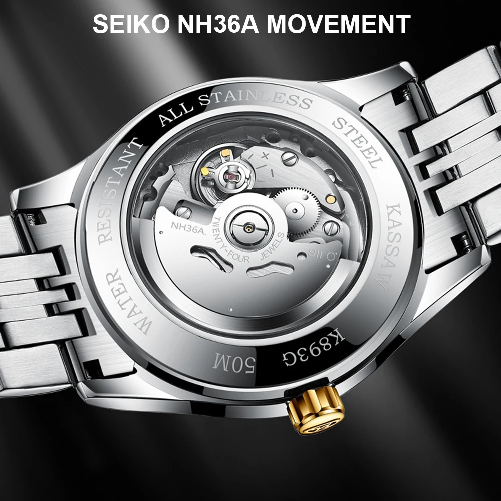 Роскошные Автоматические часы Мужские 39 мм Деловые механические наручные часы KASSAW Fashion Механизм NH36 из нержавеющей стали, светящиеся часы 3
