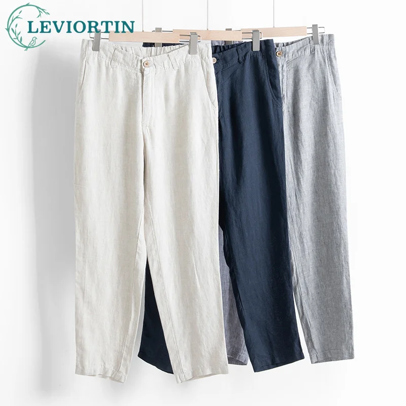 Повседневные мужские брюки премиум-класса из 100% льна свободного кроя с прямыми штанинами, эластичный пояс с завязками, Летние пляжные Длинные брюки для йоги 0