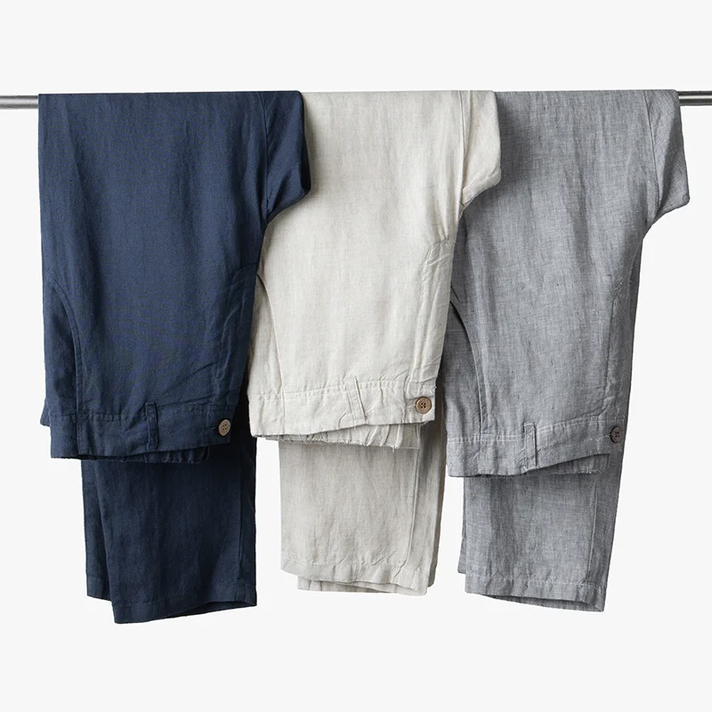 Повседневные мужские брюки премиум-класса из 100% льна свободного кроя с прямыми штанинами, эластичный пояс с завязками, Летние пляжные Длинные брюки для йоги 1