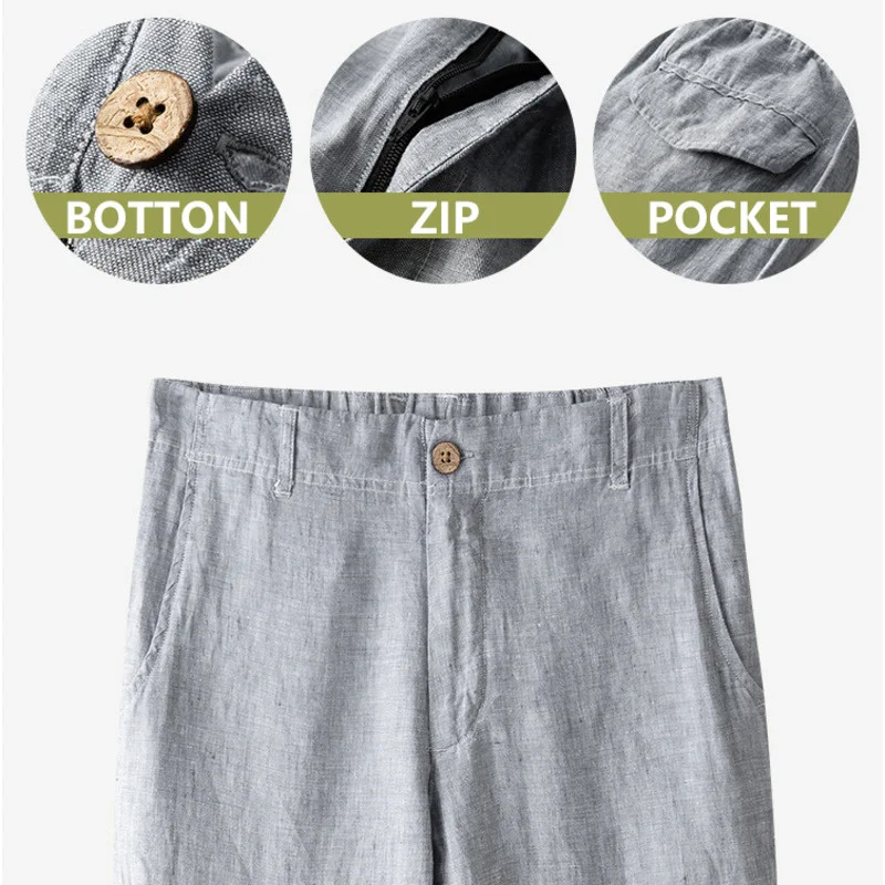 Повседневные мужские брюки премиум-класса из 100% льна свободного кроя с прямыми штанинами, эластичный пояс с завязками, Летние пляжные Длинные брюки для йоги 3