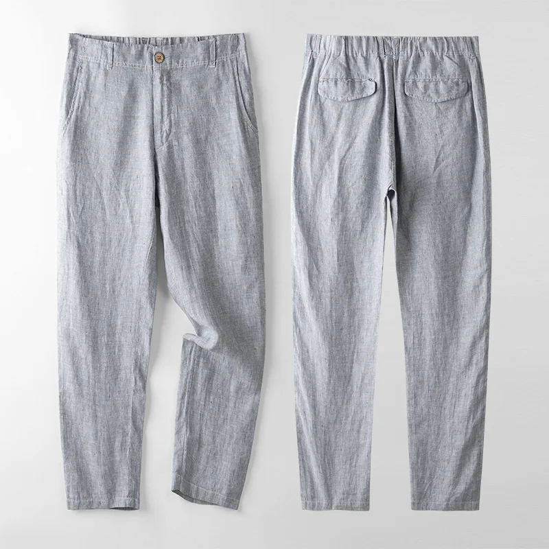 Повседневные мужские брюки премиум-класса из 100% льна свободного кроя с прямыми штанинами, эластичный пояс с завязками, Летние пляжные Длинные брюки для йоги 4
