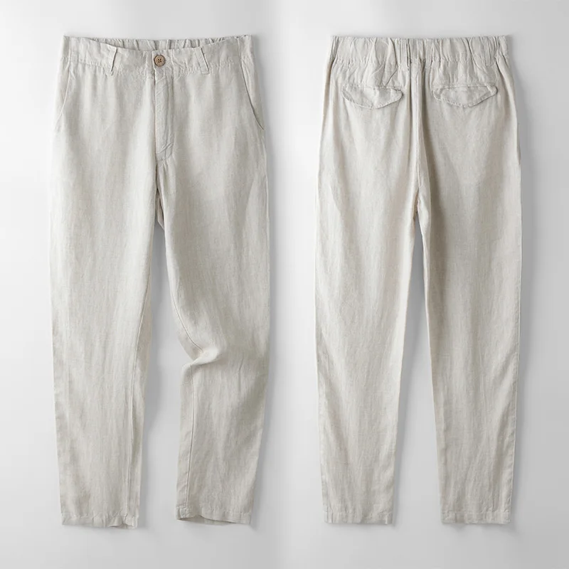 Повседневные мужские брюки премиум-класса из 100% льна свободного кроя с прямыми штанинами, эластичный пояс с завязками, Летние пляжные Длинные брюки для йоги 5