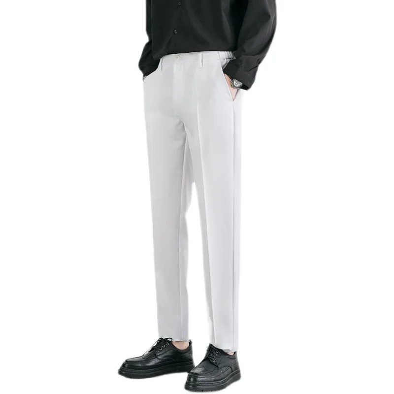 (Полная и укороченная длина) Мужские костюмные брюки, эластичные осенне-зимние брюки до щиколоток, повседневные деловые официальные брюки 5