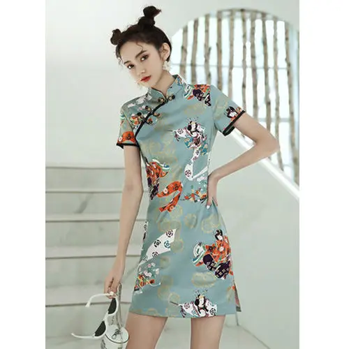 Милые Молодые девушки, Повседневное платье с цветочным принтом, сексуальное Тонкое Мини-Ципао, женское праздничное платье в китайском стиле, традиционный ретро Чонсам 0